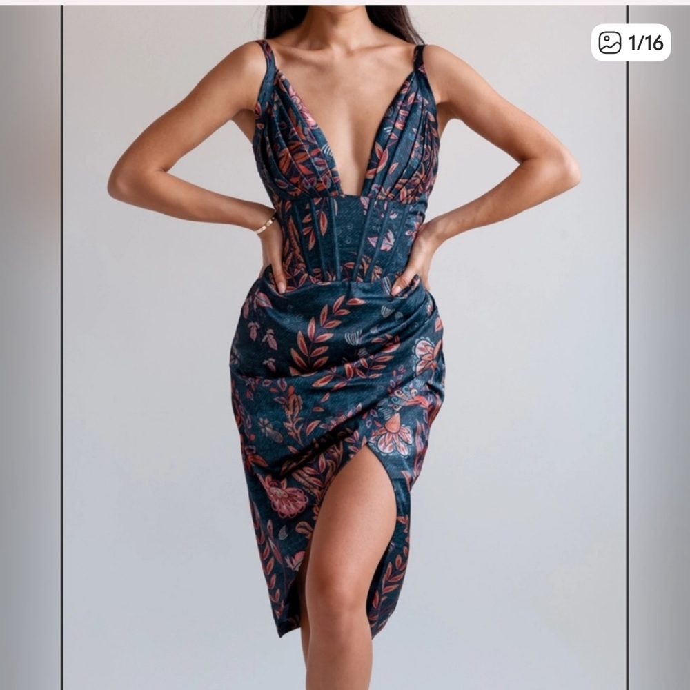 Averie Halley Draped Midi Dress vibrant floral pattern on navy background